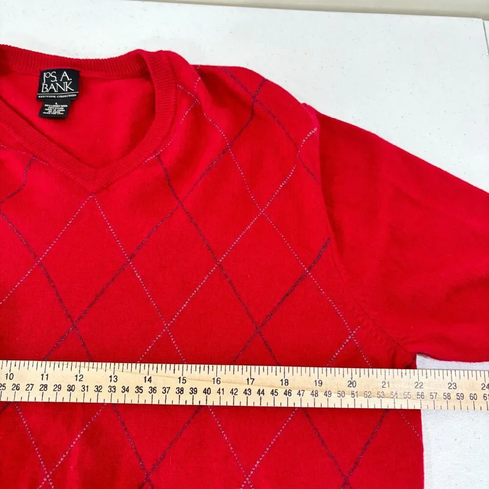 Jos A Bank Executive Lambs Wool Sweater Men L Red Argyle Preppy Old Money